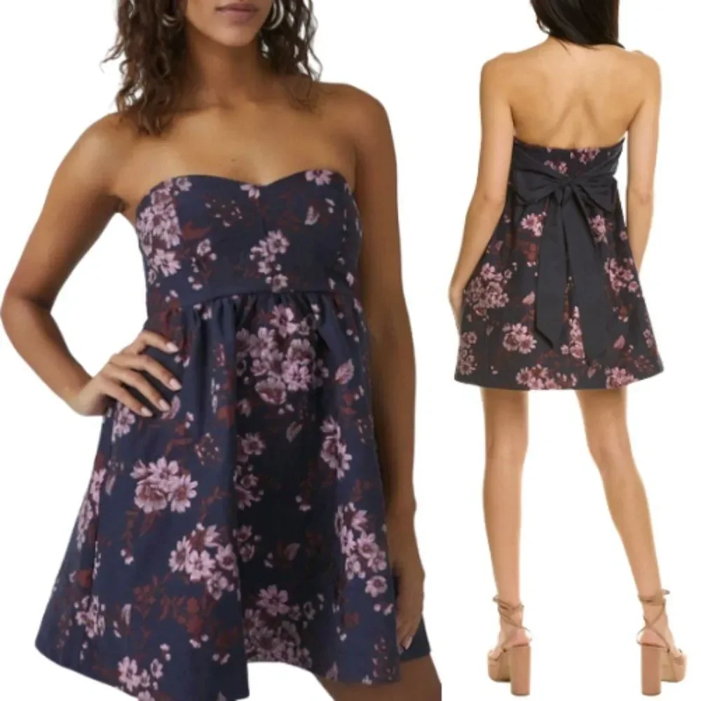 Free People Matilda Tie Back Strapless Babydoll Mini Dress Size‎ Large Blue